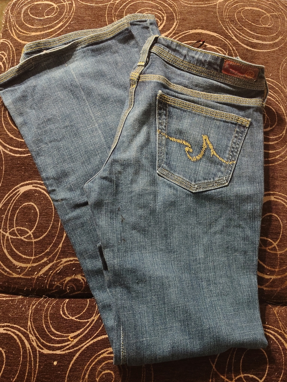 Vintage AG Medium Blue Flare Women’s Jeans with Yellow Stitch Detailing